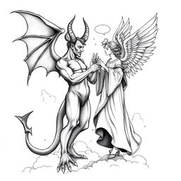 A stunning black and white miniature illustration of a demon and an angel in a dynamic interaction