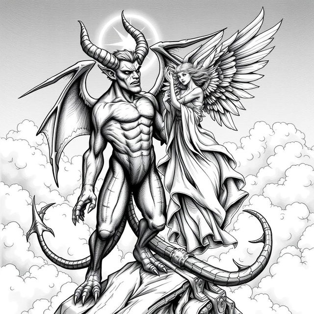 A stunning black and white miniature illustration of a demon and an angel in a dynamic interaction