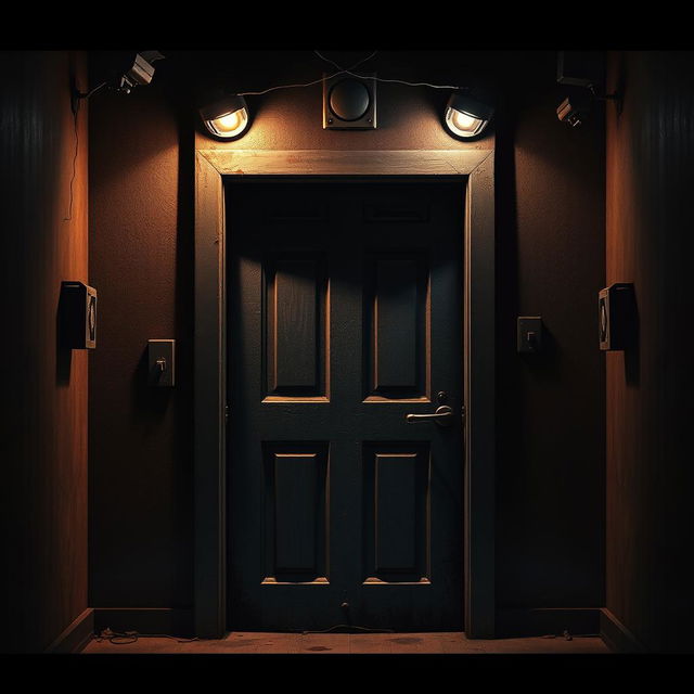 A closed door in the style of Five Nights at Freddy's, featuring a dark, eerie setting with flickering lights around the door, ominous shadows creeping in, and a sense of foreboding