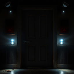 A closed door in the style of Five Nights at Freddy's, featuring a dark, eerie setting with flickering lights around the door, ominous shadows creeping in, and a sense of foreboding