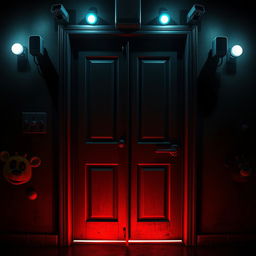 A closed door in the style of Five Nights at Freddy's, featuring a dark, eerie setting with flickering lights around the door, ominous shadows creeping in, and a sense of foreboding