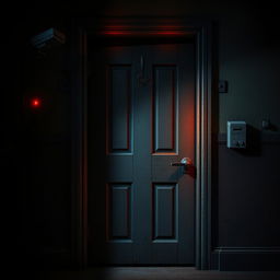 A closed door in the style of Five Nights at Freddy's, featuring a dark, eerie setting with flickering lights around the door, ominous shadows creeping in, and a sense of foreboding