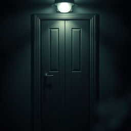 A closed door in the style of Five Nights at Freddy's, featuring a dark and ominous atmosphere