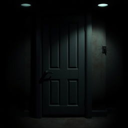 A closed door in the style of Five Nights at Freddy's, featuring a dark and ominous atmosphere