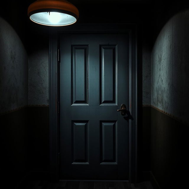 A closed door in the style of Five Nights at Freddy's, featuring a dark and ominous atmosphere