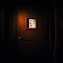 A closed door inspired by Five Nights at Freddy's, featuring a heavily worn, industrial design with rust and scratches, dimly lit with ominous shadows cast over it
