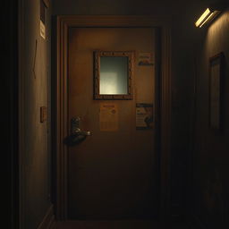 A closed door inspired by Five Nights at Freddy's, featuring a heavily worn, industrial design with rust and scratches, dimly lit with ominous shadows cast over it