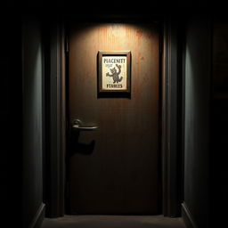 A closed door inspired by Five Nights at Freddy's, featuring a heavily worn, industrial design with rust and scratches, dimly lit with ominous shadows cast over it