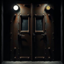 A closed metal door designed in the style of Five Nights at Freddy's, featuring heavy rust and wear, with dark and eerie colors