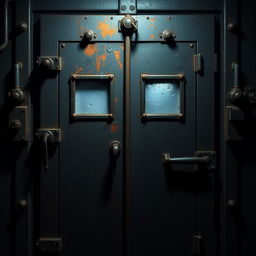 A closed metal door designed in the style of Five Nights at Freddy's, featuring heavy rust and wear, with dark and eerie colors