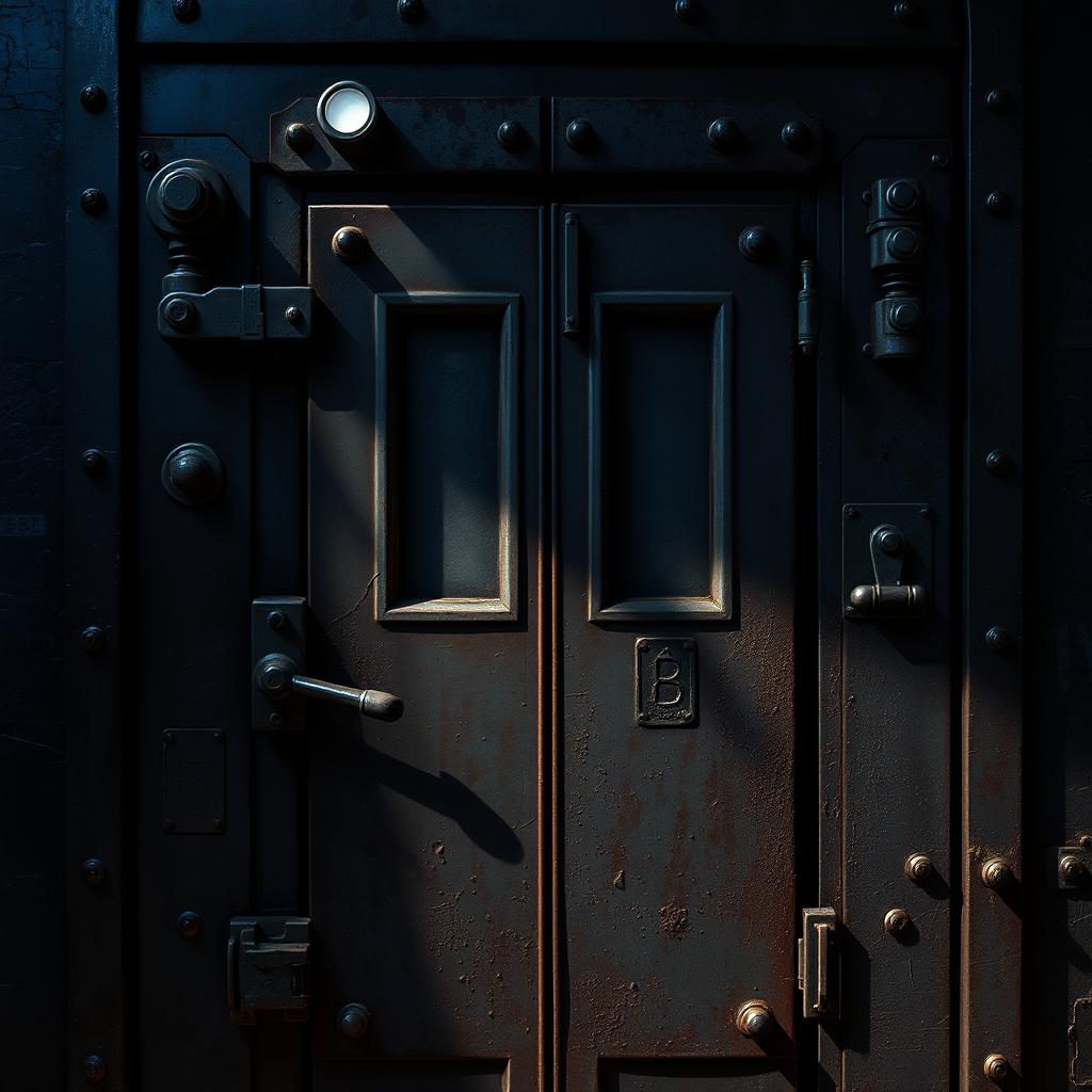 A closed metal door designed in the style of Five Nights at Freddy's, featuring heavy rust and wear, with dark and eerie colors