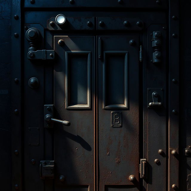 A closed metal door designed in the style of Five Nights at Freddy's, featuring heavy rust and wear, with dark and eerie colors