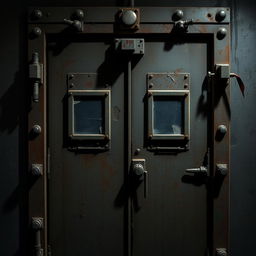 A closed metal door designed in the style of Five Nights at Freddy's, featuring heavy rust and wear, with dark and eerie colors