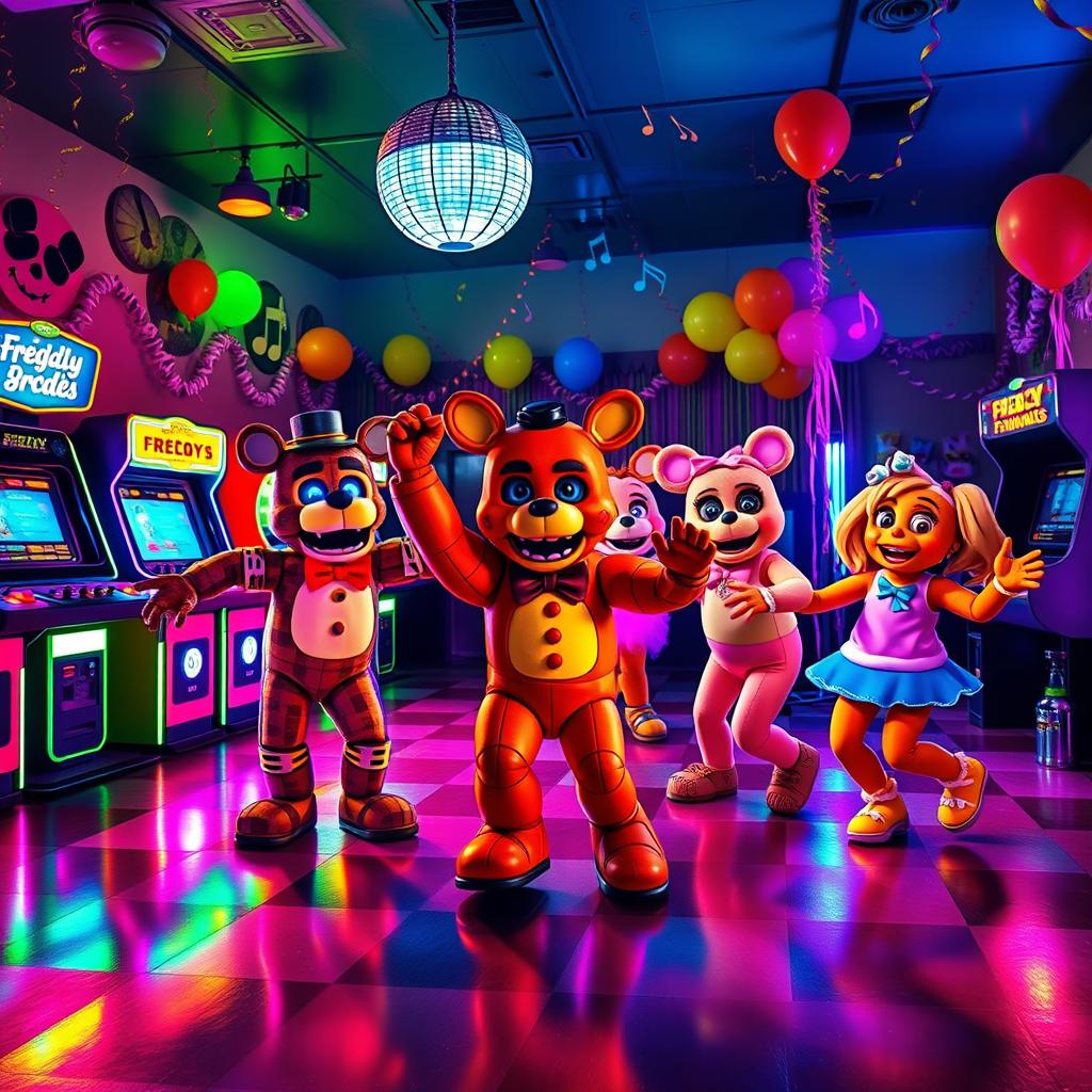 A lively dance scene in a Five Nights at Freddy's inspired arcade, featuring colorful, neon-lit animatronics dancing joyfully on a checkered dance floor