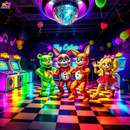 A lively dance scene in a Five Nights at Freddy's inspired arcade, featuring colorful, neon-lit animatronics dancing joyfully on a checkered dance floor