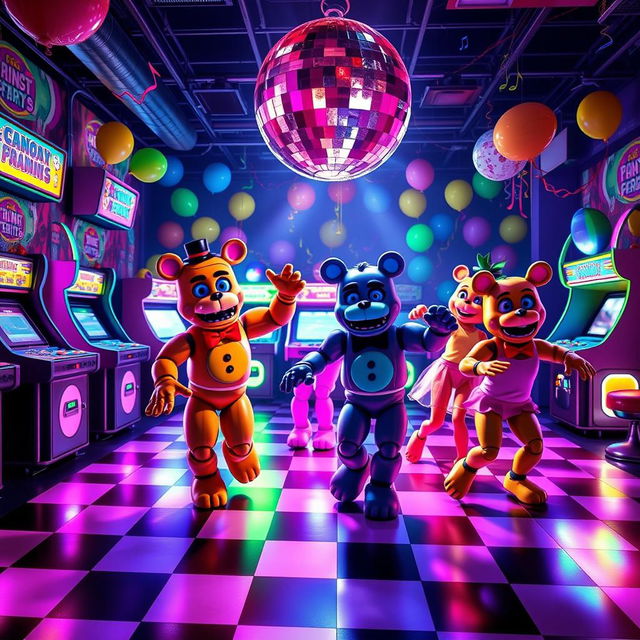 A lively dance scene in a Five Nights at Freddy's inspired arcade, featuring colorful, neon-lit animatronics dancing joyfully on a checkered dance floor