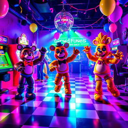 A lively dance scene in a Five Nights at Freddy's inspired arcade, featuring colorful, neon-lit animatronics dancing joyfully on a checkered dance floor