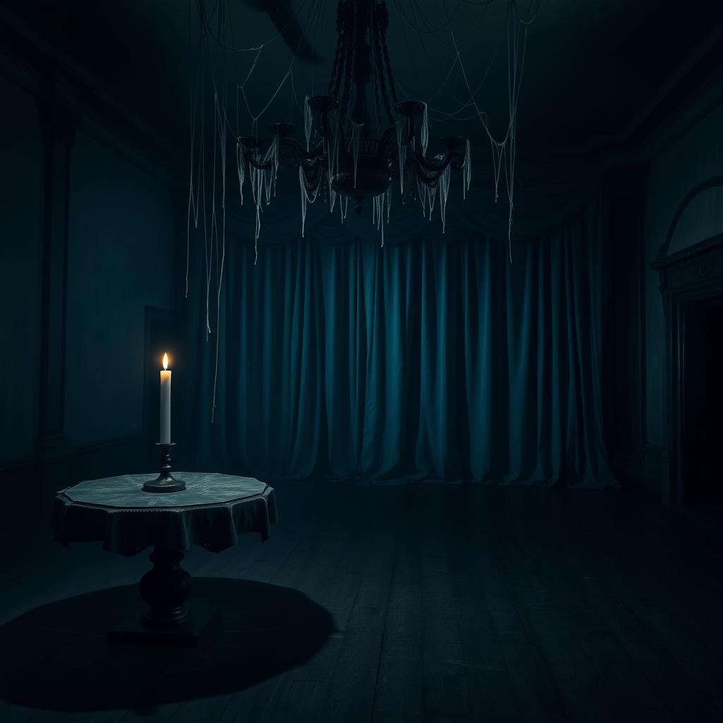A dark, eerie dance hall, mysterious and abandoned, with cobwebs hanging from the ornate chandelier