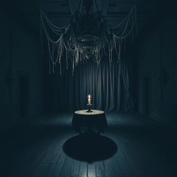 A dark, eerie dance hall, mysterious and abandoned, with cobwebs hanging from the ornate chandelier