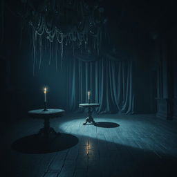 A dark, eerie dance hall, mysterious and abandoned, with cobwebs hanging from the ornate chandelier