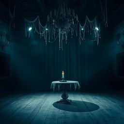 A dark, eerie dance hall, mysterious and abandoned, with cobwebs hanging from the ornate chandelier