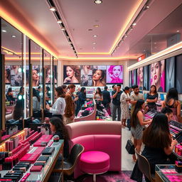 A vibrant and chic cosmetics shop with a modern and luxurious aesthetic