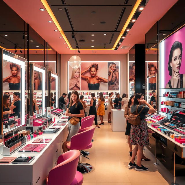 A vibrant and chic cosmetics shop with a modern and luxurious aesthetic
