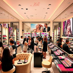 A vibrant and chic cosmetics shop with a modern and luxurious aesthetic