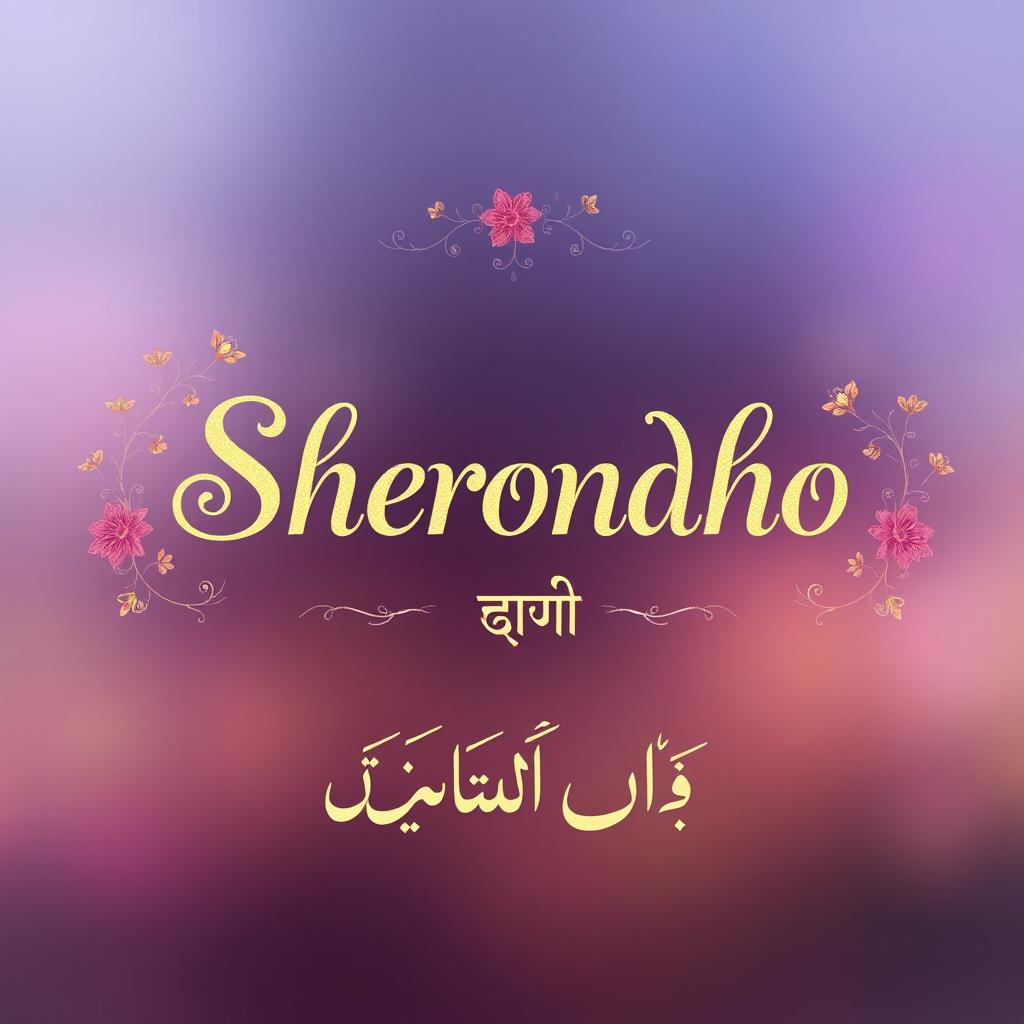 A beautifully artistic representation of the name 'Sherondho' in three languages: English, Bengali, and Urdu