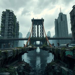 A post-apocalyptic scene depicting a broken bridge in New York City, split into two halves with a wide gap in the middle