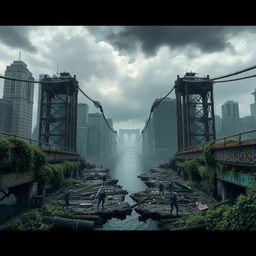 A post-apocalyptic scene depicting a broken bridge in New York City, split into two halves with a wide gap in the middle