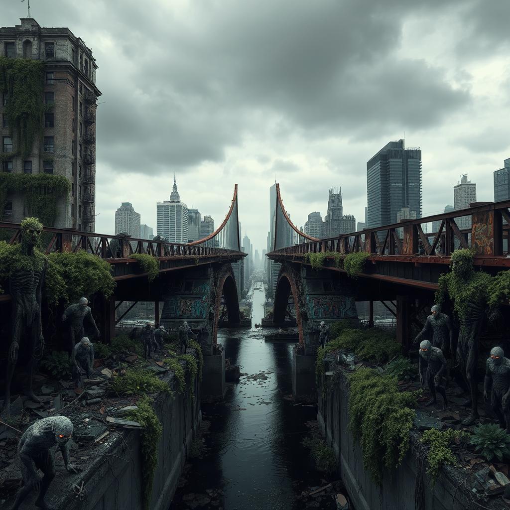 A post-apocalyptic scene depicting a broken bridge in New York City, split into two halves with a wide gap in the middle