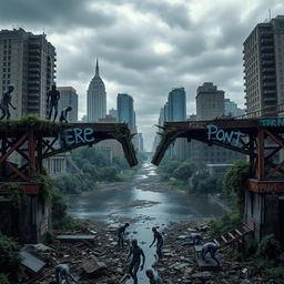 A post-apocalyptic scene depicting a broken bridge in New York City, split into two halves with a wide gap in the middle