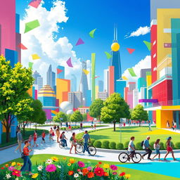 A vibrant and dynamic digital artwork featuring an abstract representation of daily life, showcasing a blend of urban landscapes, nature elements, and colorful geometric shapes