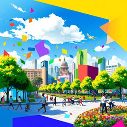 A vibrant and dynamic digital artwork featuring an abstract representation of daily life, showcasing a blend of urban landscapes, nature elements, and colorful geometric shapes