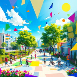 A vibrant and dynamic digital artwork featuring an abstract representation of daily life, showcasing a blend of urban landscapes, nature elements, and colorful geometric shapes