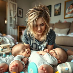 A portrait of Avril Lavigne in a cozy, lived-in living room, looking tired yet content as a new mom surrounded by a playful scene with multiple babies