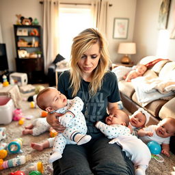 A portrait of Avril Lavigne in a cozy, lived-in living room, looking tired yet content as a new mom surrounded by a playful scene with multiple babies
