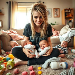 A portrait of Avril Lavigne in a cozy, lived-in living room, looking tired yet content as a new mom surrounded by a playful scene with multiple babies