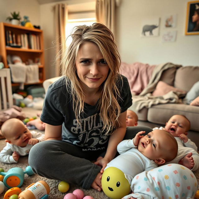 A portrait of Avril Lavigne in a cozy, lived-in living room, looking tired yet content as a new mom surrounded by a playful scene with multiple babies