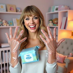Taylor Swift wearing clear vinyl gloves, smiling playfully while holding a pack of baby wipes and diapers, dressed in a casual yet stylish outfit