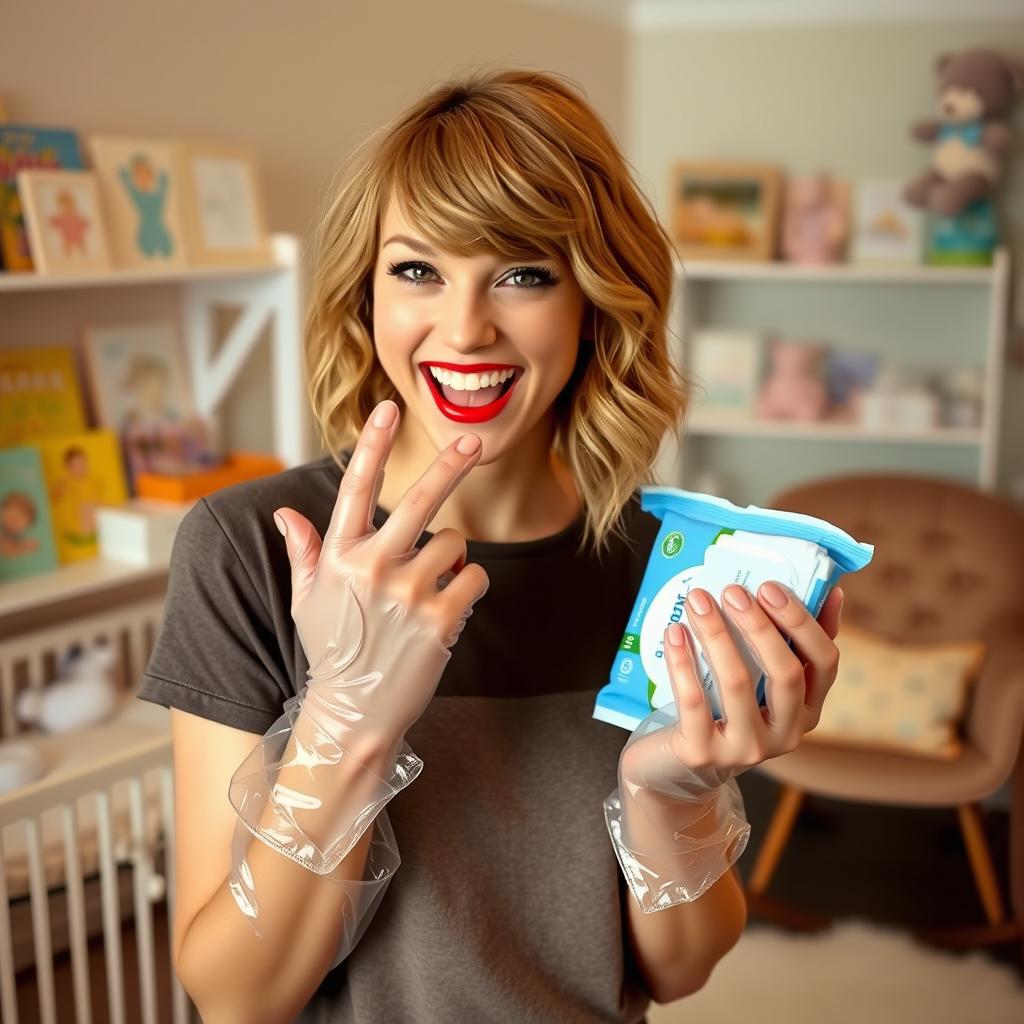 Taylor Swift wearing clear vinyl gloves, smiling playfully while holding a pack of baby wipes and diapers, dressed in a casual yet stylish outfit