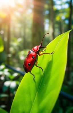 A vivid and detailed depiction of a Scarlet Beetle (Escarabajo Carmesí), showcasing its shiny red body with intricate patterns