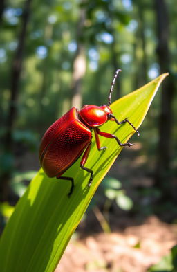 A vivid and detailed depiction of a Scarlet Beetle (Escarabajo Carmesí), showcasing its shiny red body with intricate patterns