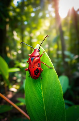 A vivid and detailed depiction of a Scarlet Beetle (Escarabajo Carmesí), showcasing its shiny red body with intricate patterns