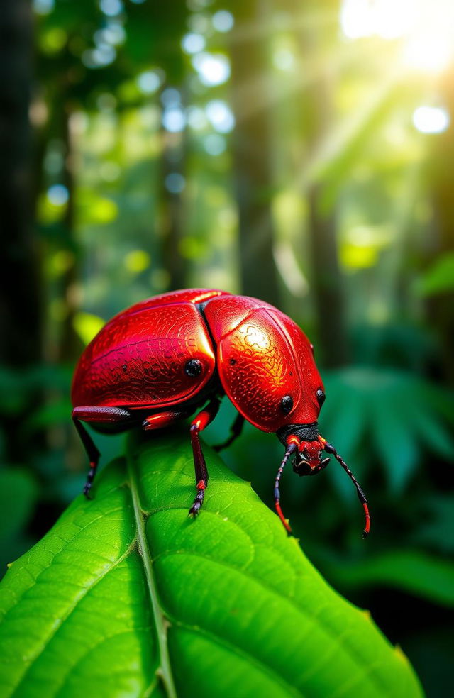 A vivid and detailed depiction of a Scarlet Beetle (Escarabajo Carmesí), showcasing its shiny red body with intricate patterns