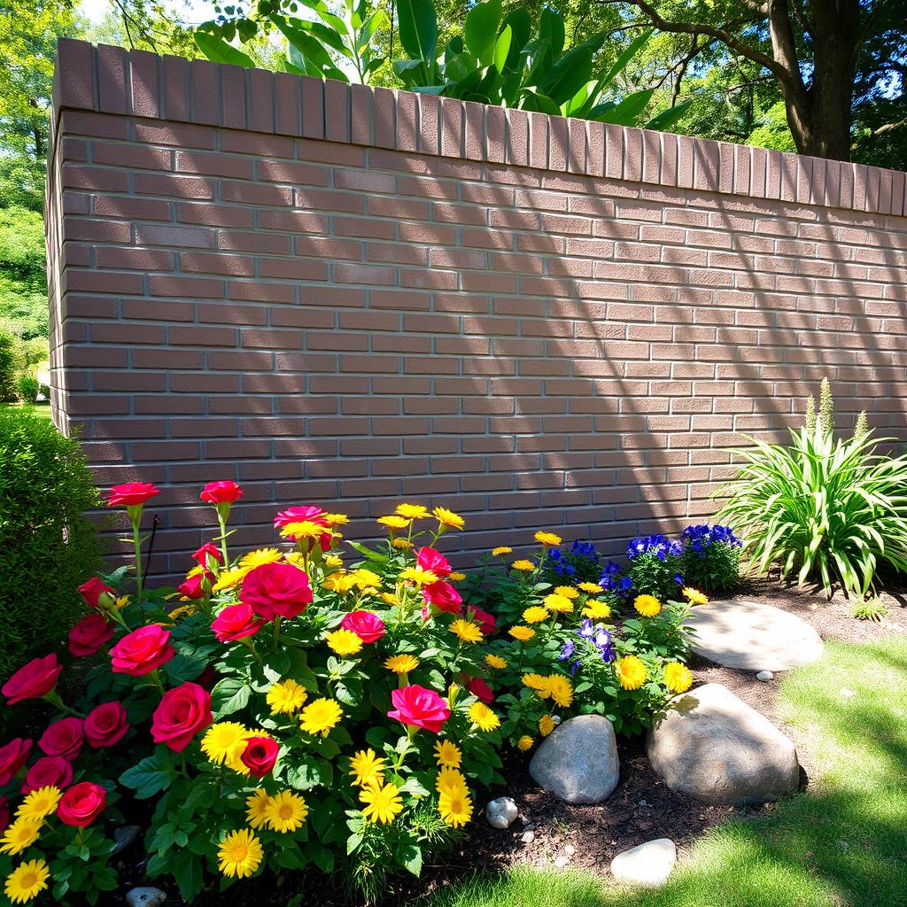 A beautifully landscaped garden scene featuring a sturdy brick wall as the backdrop, with a vibrant flowerbed at the base of the wall