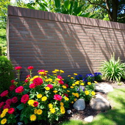 A beautifully landscaped garden scene featuring a sturdy brick wall as the backdrop, with a vibrant flowerbed at the base of the wall