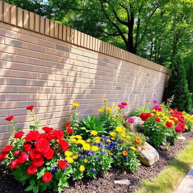 A beautifully landscaped garden scene featuring a sturdy brick wall as the backdrop, with a vibrant flowerbed at the base of the wall