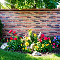 A beautifully landscaped garden scene featuring a sturdy brick wall as the backdrop, with a vibrant flowerbed at the base of the wall